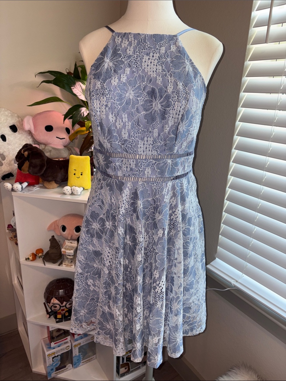 City Triangles Powder Blue Lace Halter Fit-and-Flare Dress
